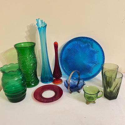 10 Pc. Colored Glass Lot - Antique Ruby Flash D.C. Souvenir, Vintage Vases + More