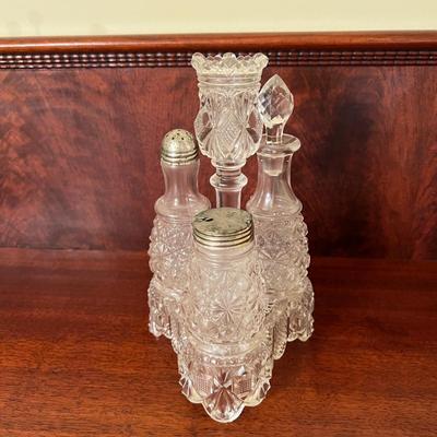 Antique Pressed Glass Candle Holder Cruet Set