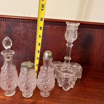 Antique Pressed Glass Candle Holder Cruet Set