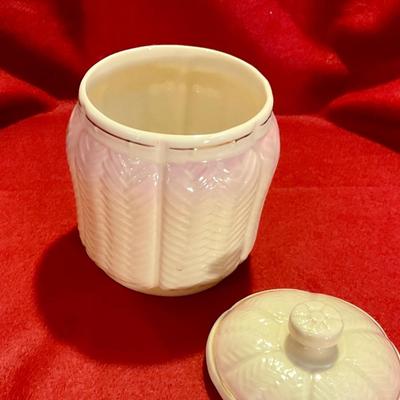 Belleek Irish pottery, covered pot, white with gold trim and herringbone embossing