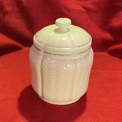 Belleek Irish pottery, covered pot, white with gold trim and herringbone embossing