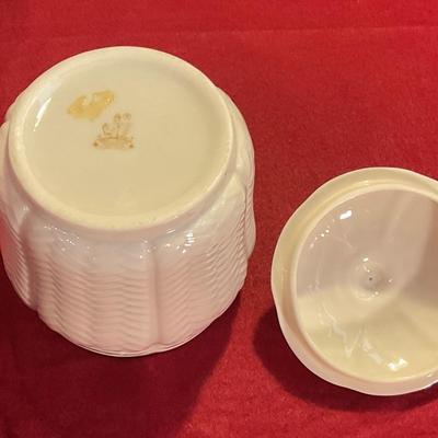 Belleek Irish pottery, covered pot, white with gold trim and herringbone embossing
