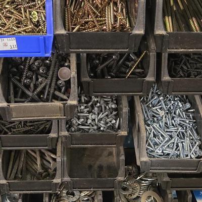 Large Wall Mounted Hardware Holder filled with Bolts, Nails, Screws & Other Hardware