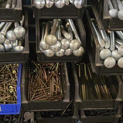 Large Wall Mounted Hardware Holder filled with Bolts, Nails, Screws & Other Hardware