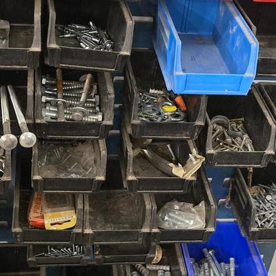 Large Wall Mounted Hardware Holder filled with Bolts, Nails, Screws & Other Hardware