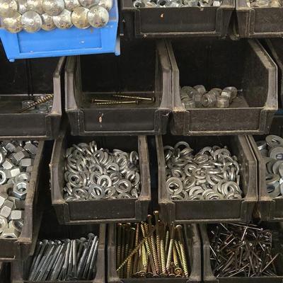 Large Wall Mounted Hardware Holder filled with Bolts, Nails, Screws & Other Hardware