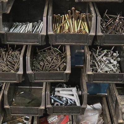 Large Wall Mounted Hardware Holder filled with Bolts, Nails, Screws & Other Hardware