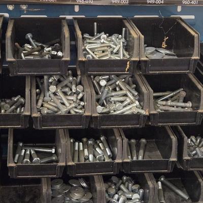 Large Wall Mounted Hardware Holder filled with Bolts, Nails, Screws & Other Hardware