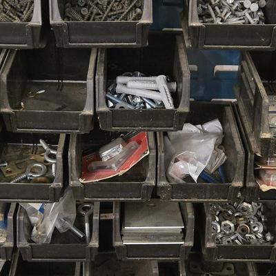 Large Wall Mounted Hardware Holder filled with Bolts, Nails, Screws & Other Hardware