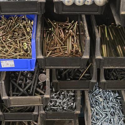 Large Wall Mounted Hardware Holder filled with Bolts, Nails, Screws & Other Hardware