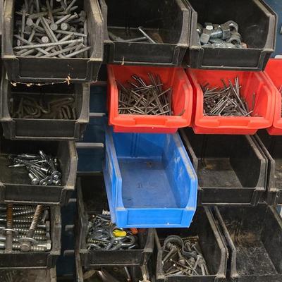 Large Wall Mounted Hardware Holder filled with Bolts, Nails, Screws & Other Hardware