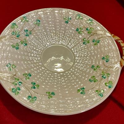Belleek Irish pottery cake plate with basket weave pattern and clovers