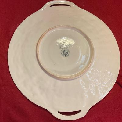 Belleek Irish pottery cake plate with basket weave pattern and clovers