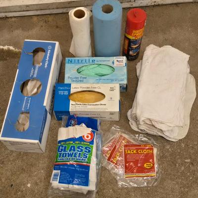 Large Lot of Shop Towels, Tack Cloth, Latex Gloves and More