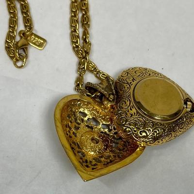 1925 brand Gold tone Necklace with heart pendant concealed clock/watch