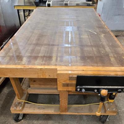 Wood Workbench with Drawers, 5 Vises, 2 Power strips, and on Casters