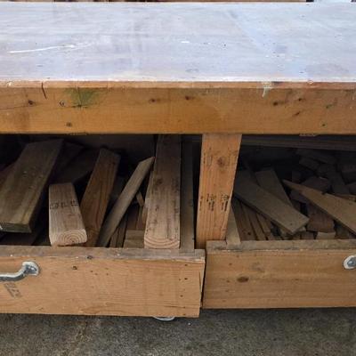 Wood Workbench with Drawers, 5 Vises, 2 Power strips, and on Casters