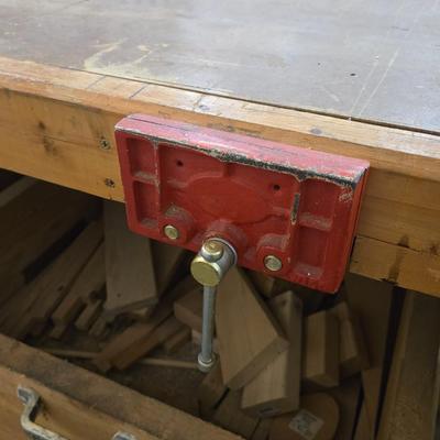Wood Workbench with Drawers, 5 Vises, 2 Power strips, and on Casters