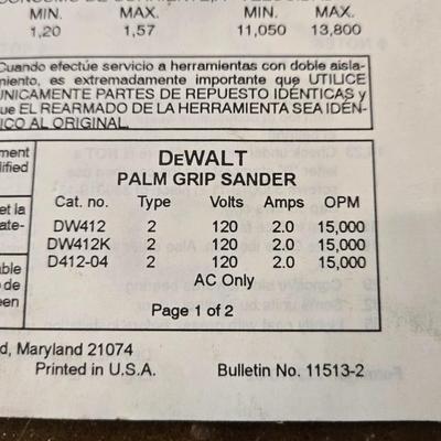 Dewalt Palm Sander with Instructions