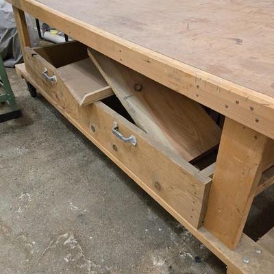 Wood Workbench on Casters with Drawers.