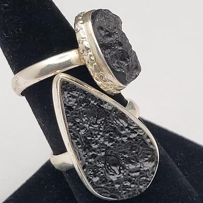 Two Sterling Silver (Tektite) Black Stone Rings 11.6gr