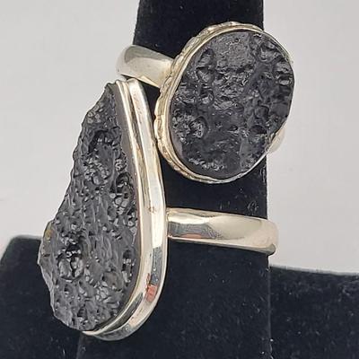 Two Sterling Silver (Tektite) Black Stone Rings 11.6gr