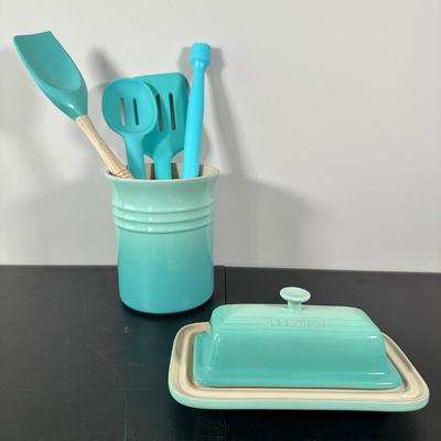 LOT 1K: Le Creuset Stoneware Butter Dish, Utensils & More