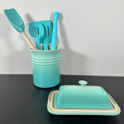 LOT 1K: Le Creuset Stoneware Butter Dish, Utensils & More