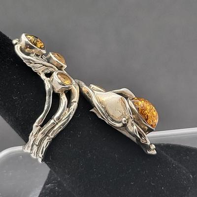 Modernist 925 Handcrafted Genuine Citrine & Amber Bypass Ring 10.4gr