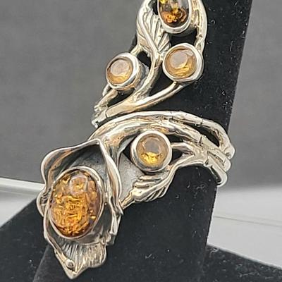 Modernist 925 Handcrafted Genuine Citrine & Amber Bypass Ring 10.4gr