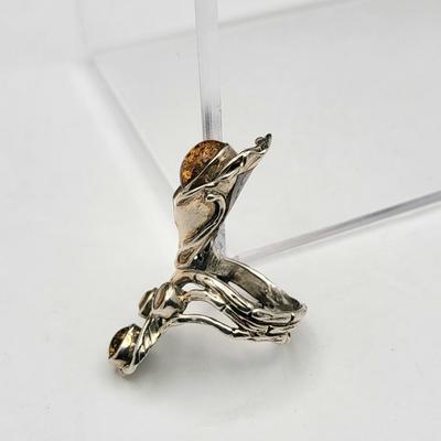 Modernist 925 Handcrafted Genuine Citrine & Amber Bypass Ring 10.4gr