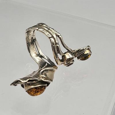 Modernist 925 Handcrafted Genuine Citrine & Amber Bypass Ring 10.4gr