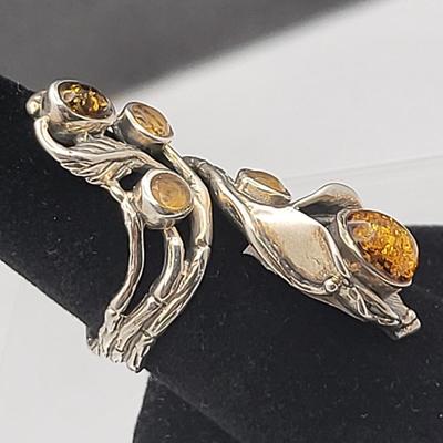 Modernist 925 Handcrafted Genuine Citrine & Amber Bypass Ring 10.4gr