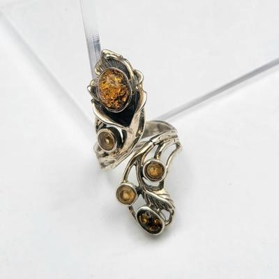 Modernist 925 Handcrafted Genuine Citrine & Amber Bypass Ring 10.4gr