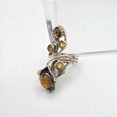 Modernist 925 Handcrafted Genuine Citrine & Amber Bypass Ring 10.4gr