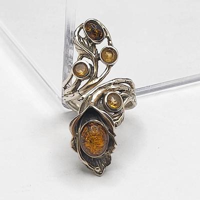 Modernist 925 Handcrafted Genuine Citrine & Amber Bypass Ring 10.4gr