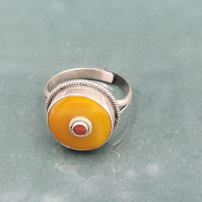 Adjustable Sterling Silver Ring Butterscotch Amber & Coral