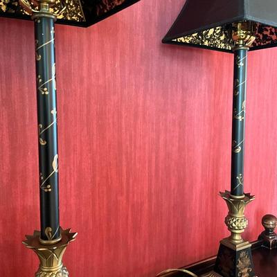 703 Pair of Black & Gold Painted Candle Stick Lamps