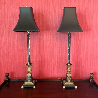703 Pair of Black & Gold Painted Candle Stick Lamps