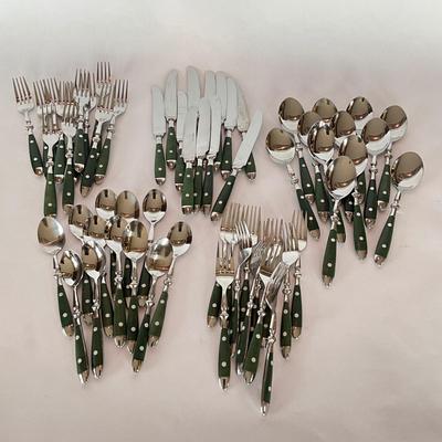 798 60pc Set of Williams Sonoma Cafe Forrest Green Riveted Flatware Set