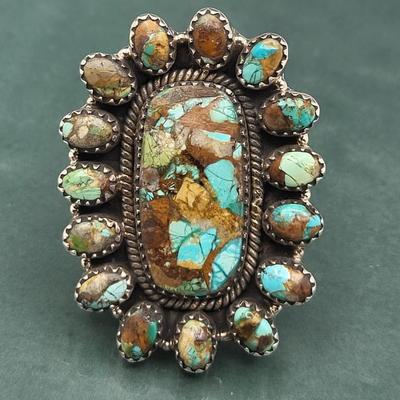 Large Turquoise Cluster Ring 925 Silver 20gr