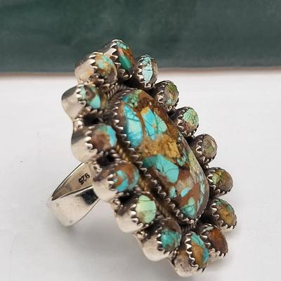 Large Turquoise Cluster Ring 925 Silver 20gr