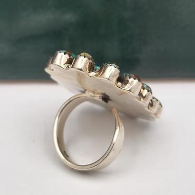 Large Turquoise Cluster Ring 925 Silver 20gr