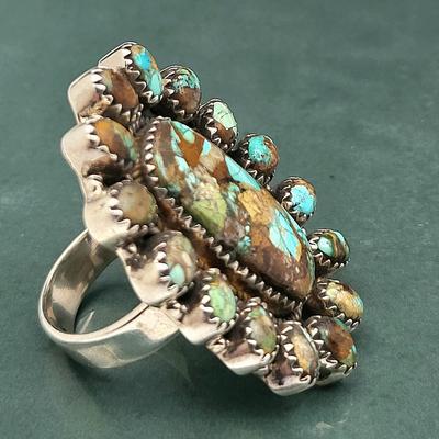 Large Turquoise Cluster Ring 925 Silver 20gr