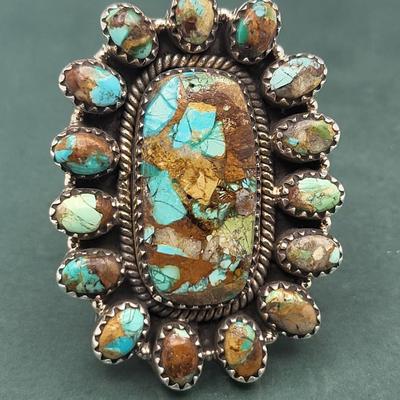 Large Turquoise Cluster Ring 925 Silver 20gr