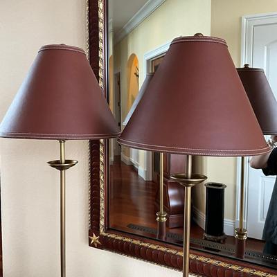712 Pair of Brown Leather Brass Candlestick Lamps