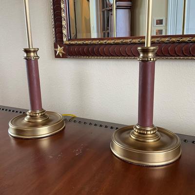 712 Pair of Brown Leather Brass Candlestick Lamps