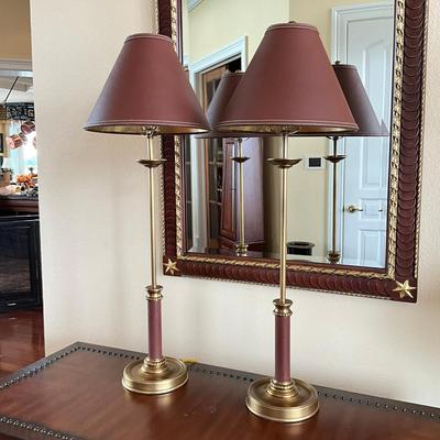 712 Pair of Brown Leather Brass Candlestick Lamps