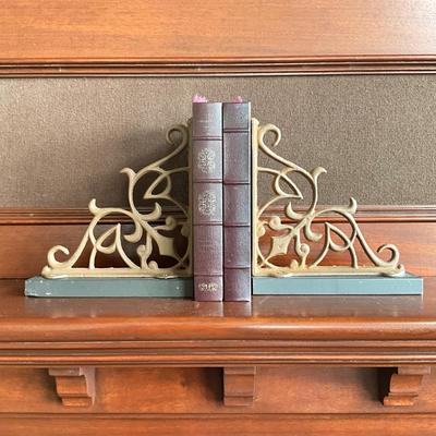 812 Pair of Scroll Design Iron Wood Bookends with Leather Books