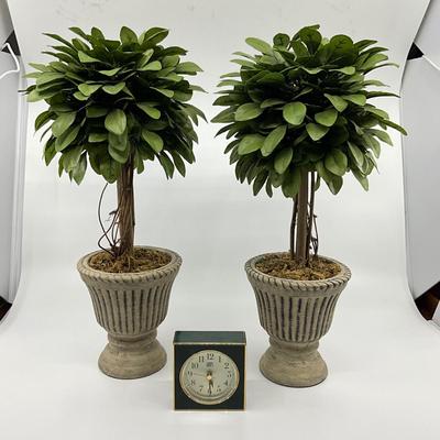 813 Pair of Small Faux Topiaries and Gumps Clock
